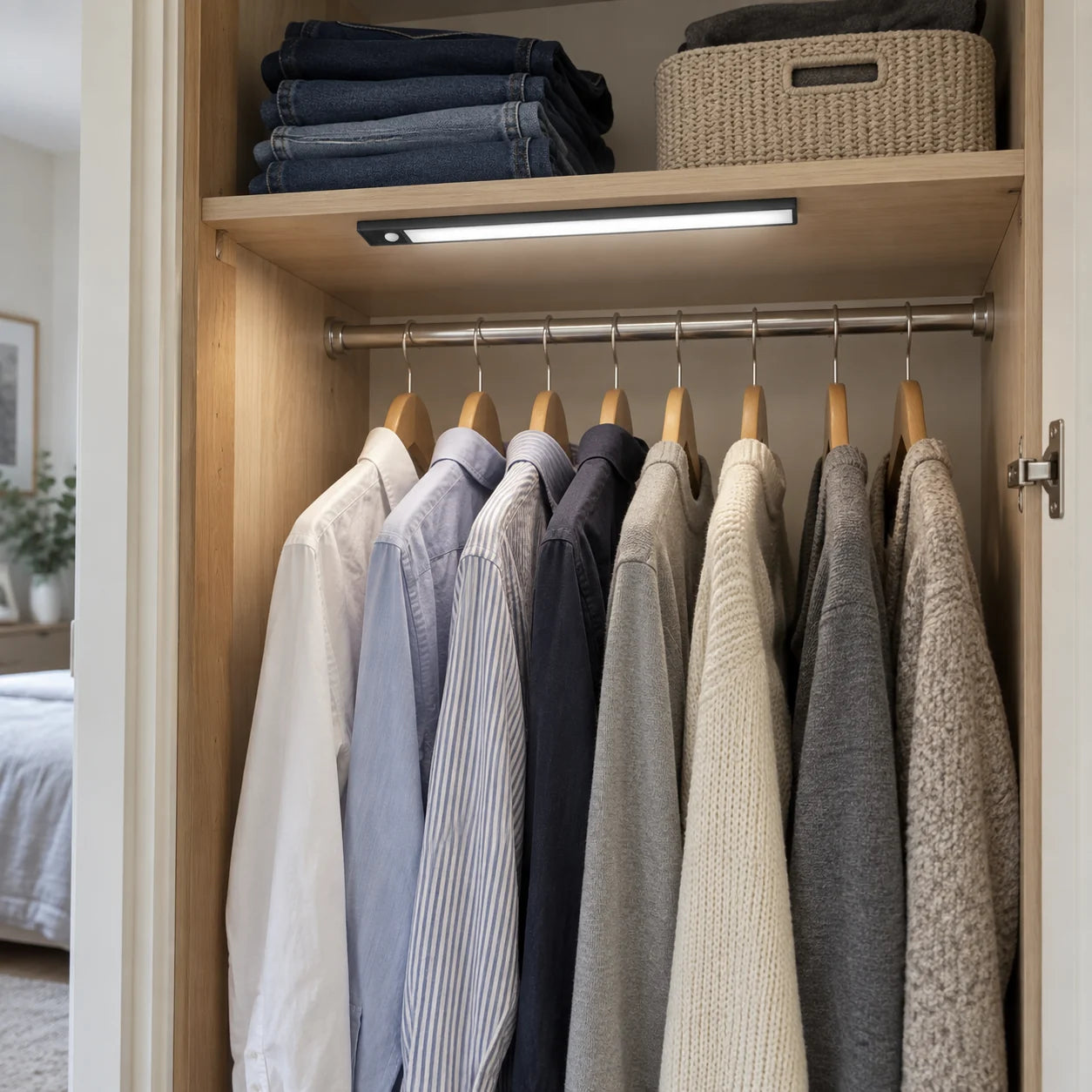 A black light bar illuminating clothes in a closet