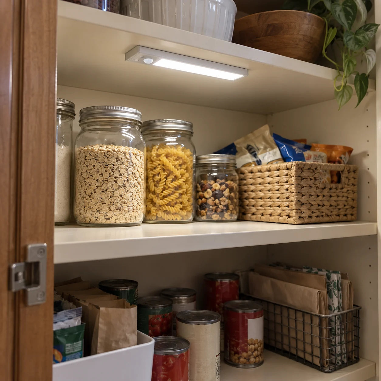 A white light bar illuminating a pantry shelf