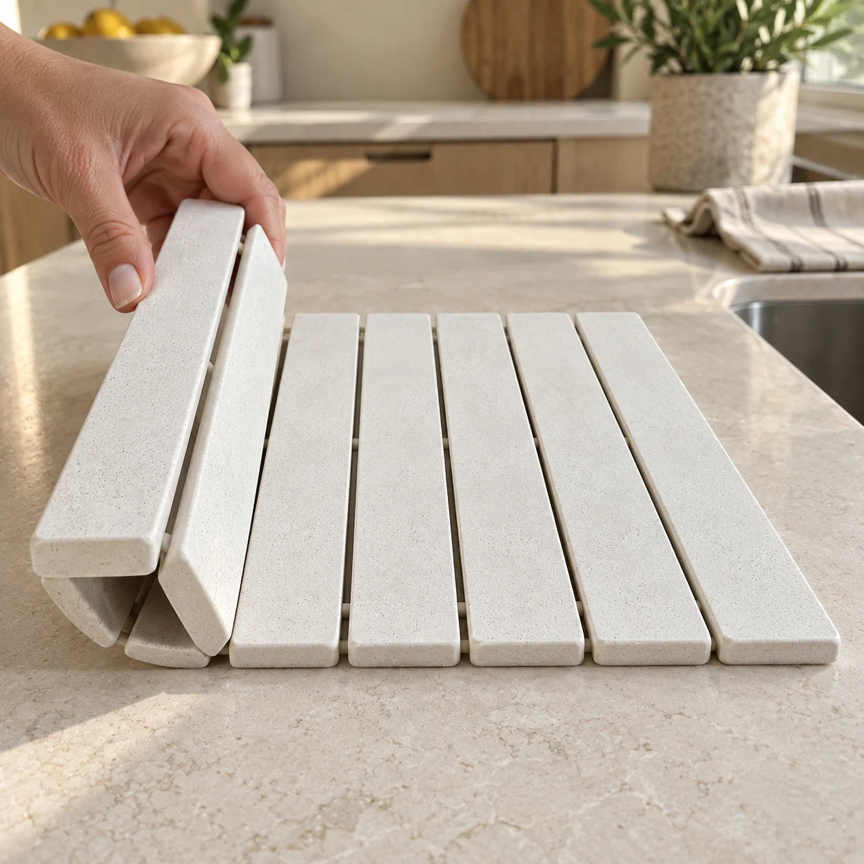 The rigid stone slats fold at their flexible connecting joints