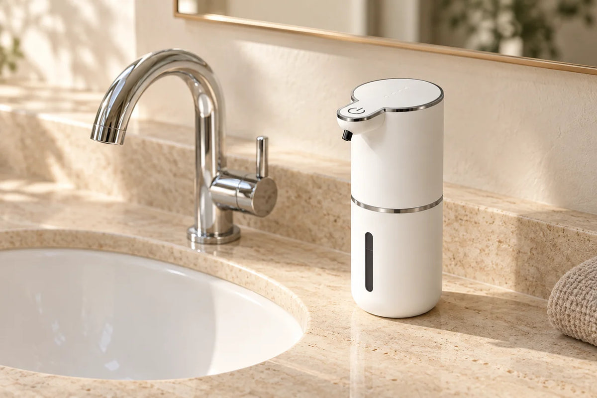 Porcelain White Harbor soap dispenser beside a sink in a warm, minimal bathroom