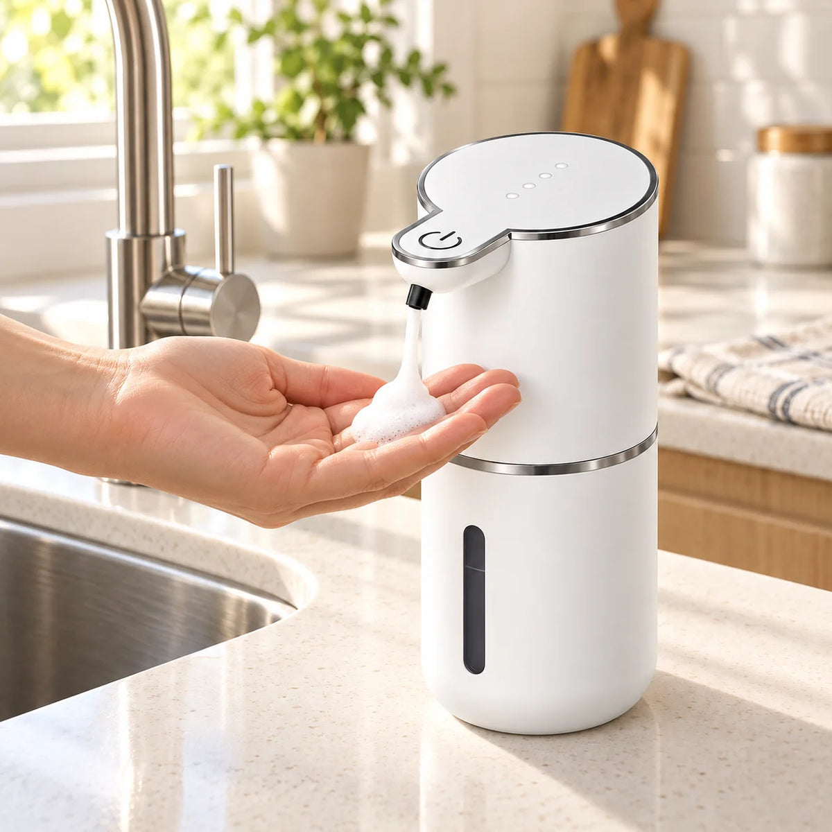 A soft dollop of foaming soap dispensed into an open palm by Harbor