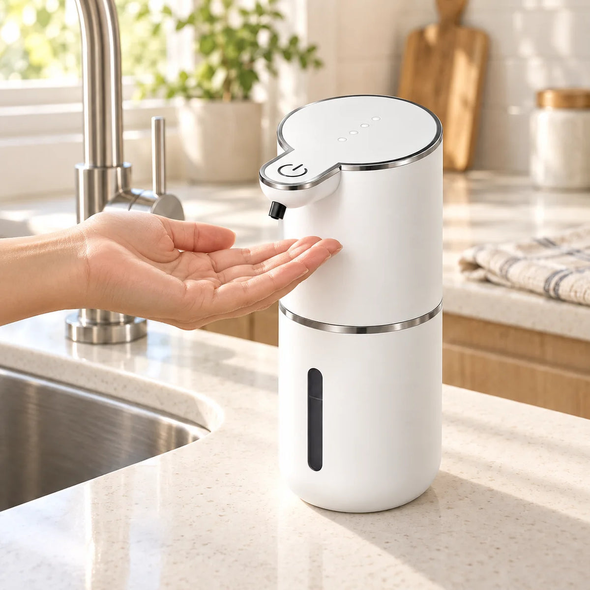 An open palm held beneath the Harbor dispenser nozzle in a modern kitchen