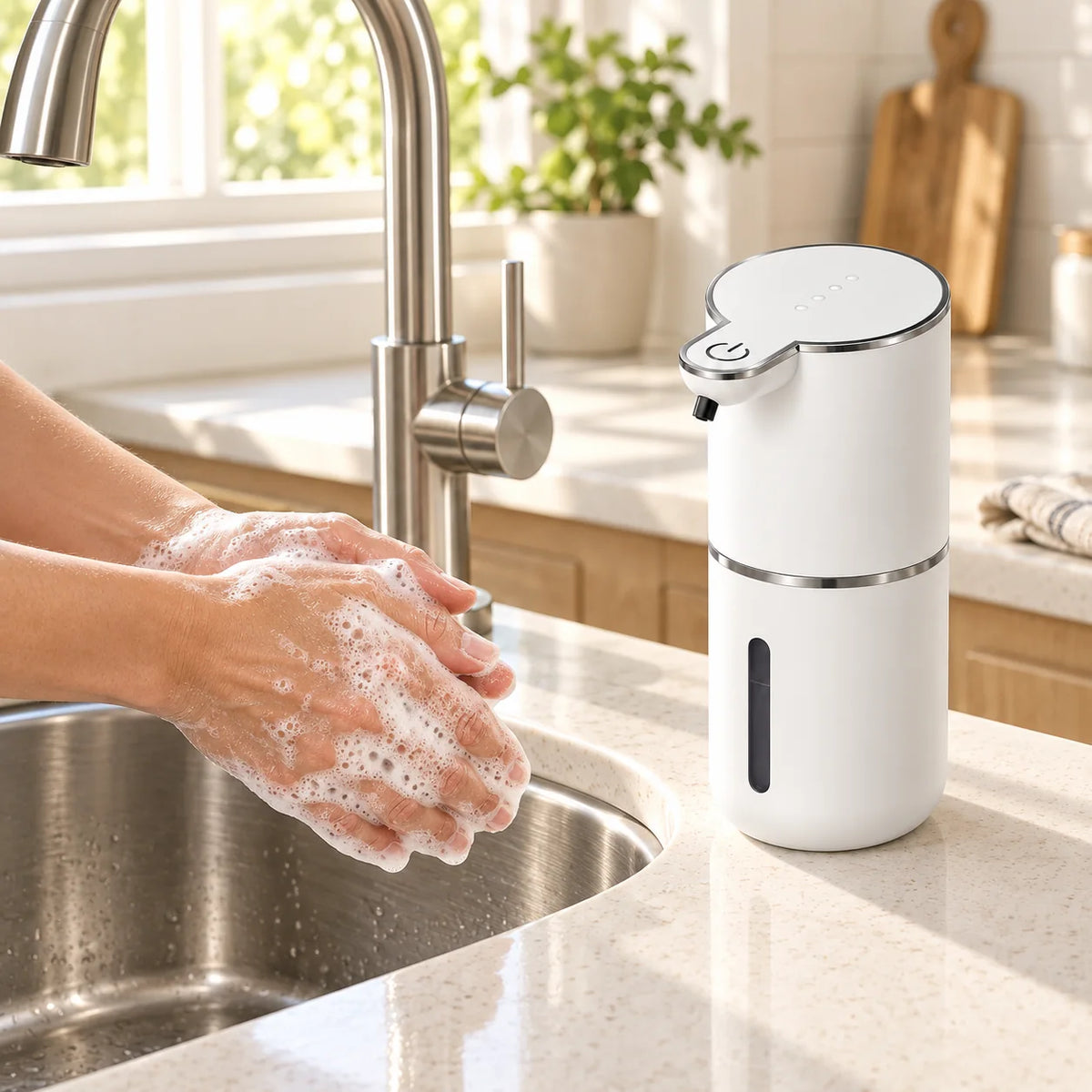 Hands gently lathering soap over a kitchen sink with Harbor beside the faucet