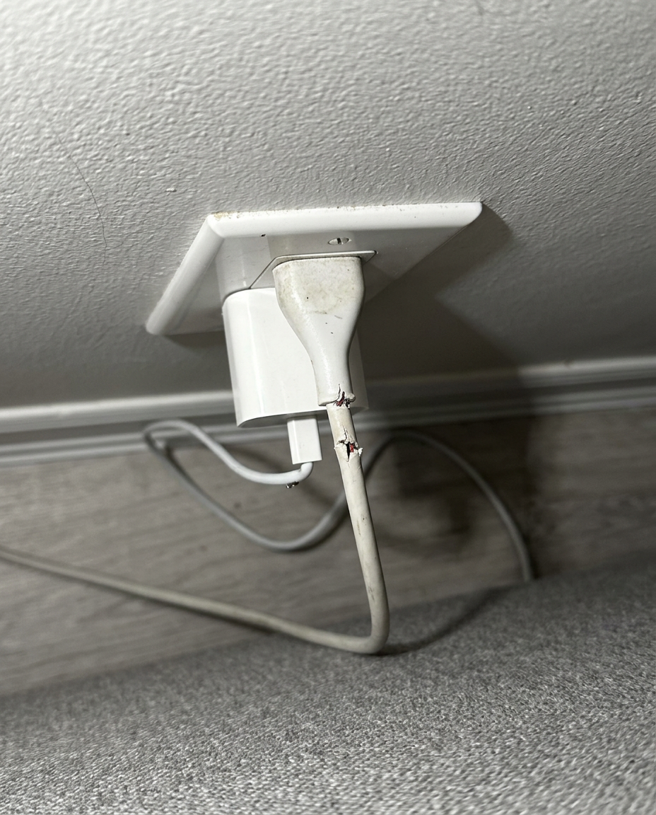An electrician checking a plug behind a couch