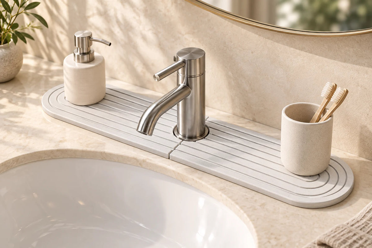 Harbor Stone Sink Mat around a bathroom faucet on a styled vanity