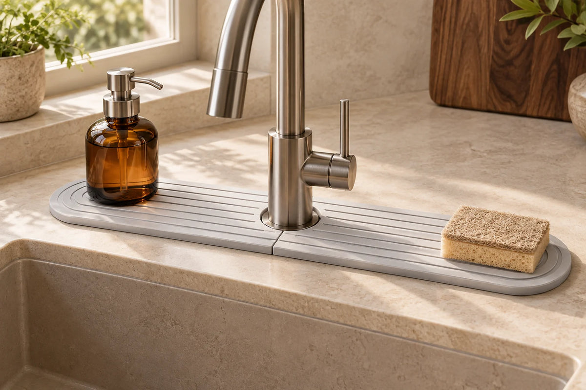 Harbor Stone Sink Mat organizing soap and sink essentials around a kitchen faucet